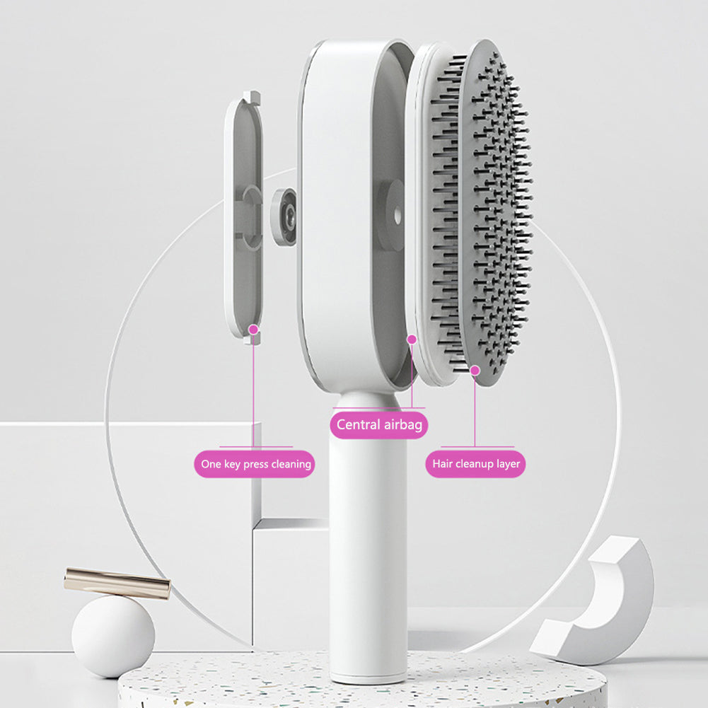 Self-cleaning hairbrush for women. One-button cleaning airbag to prevent hair loss