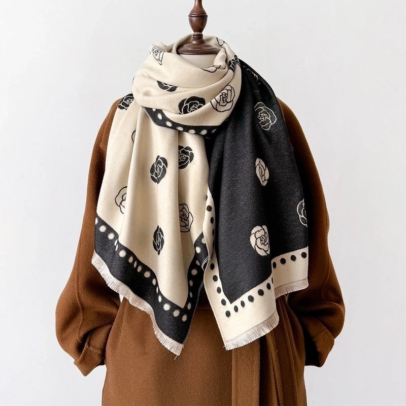 Women's Elegant Lady Printing Flower Imitation Cashmere Polyester Scarf
