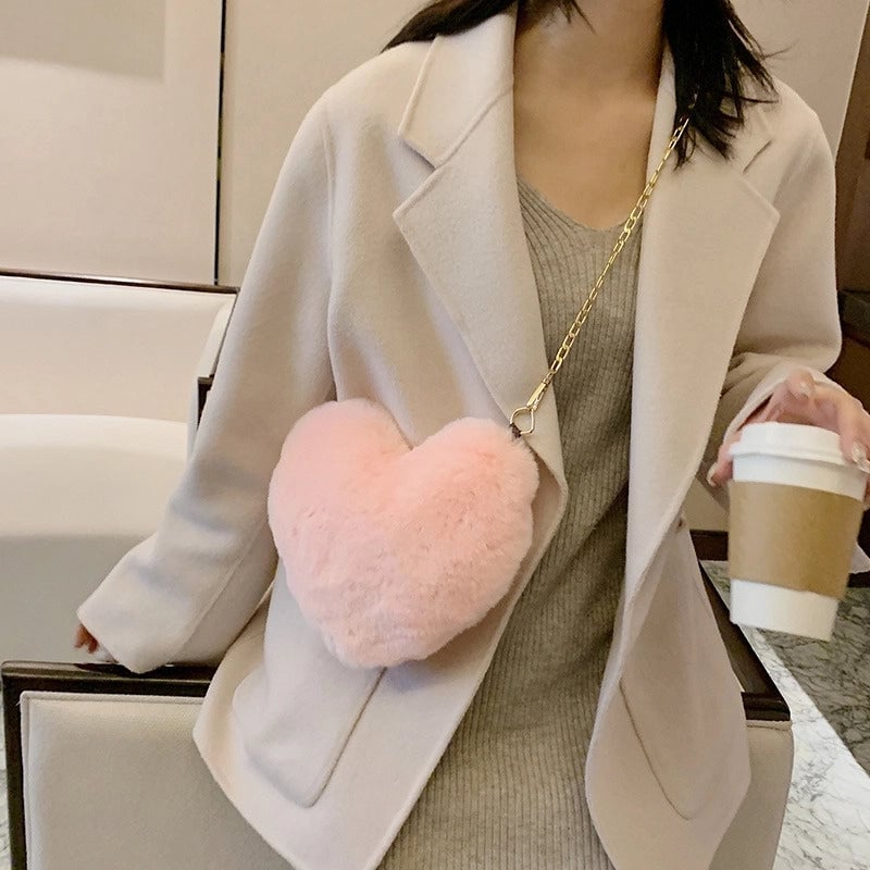Women's Plush Solid Color Cute Heart-shaped Zipper Crossbody Bag