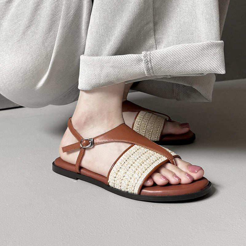 Vintage Style Woven Toe Post T-Straps Slingback Flat Sandals Roman Inspired Summer Shoes in Beige/Brown