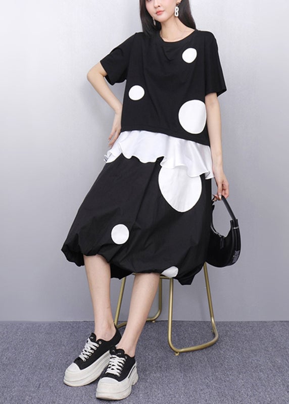 Fashion Black O-Neck Dot Top And Skirts Two Pieces Set Short Sleeve