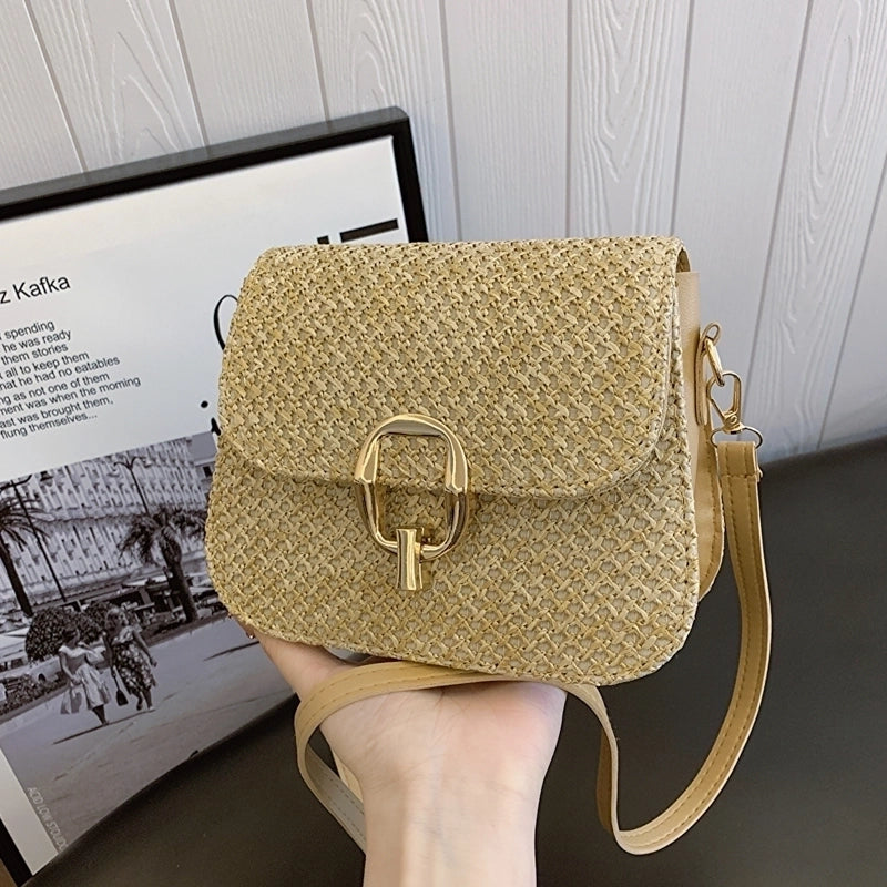 Women's Medium Straw Solid Color Basic Vacation Square Flip Cover Crossbody Bag