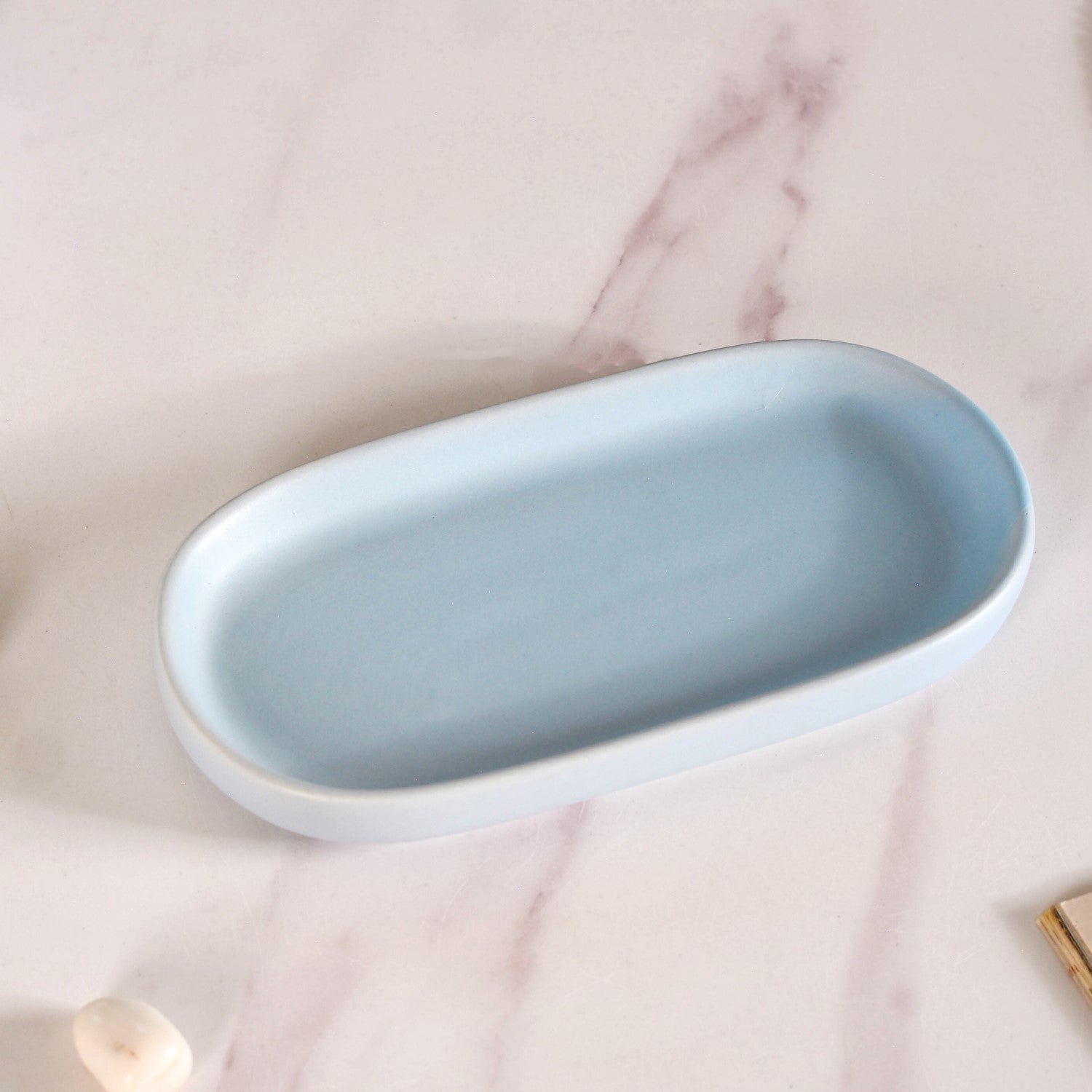 Leaf Emboss Ceramic Bath Set Of 3 With Tray Light Blue