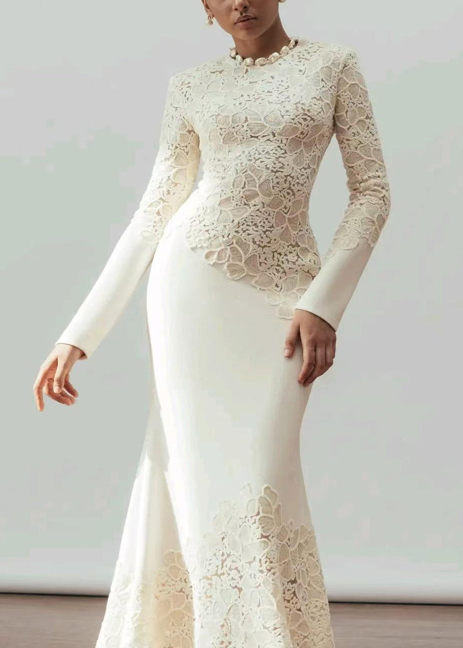 Handmade White Sequins Patchwork Cotton Party Dress Fall