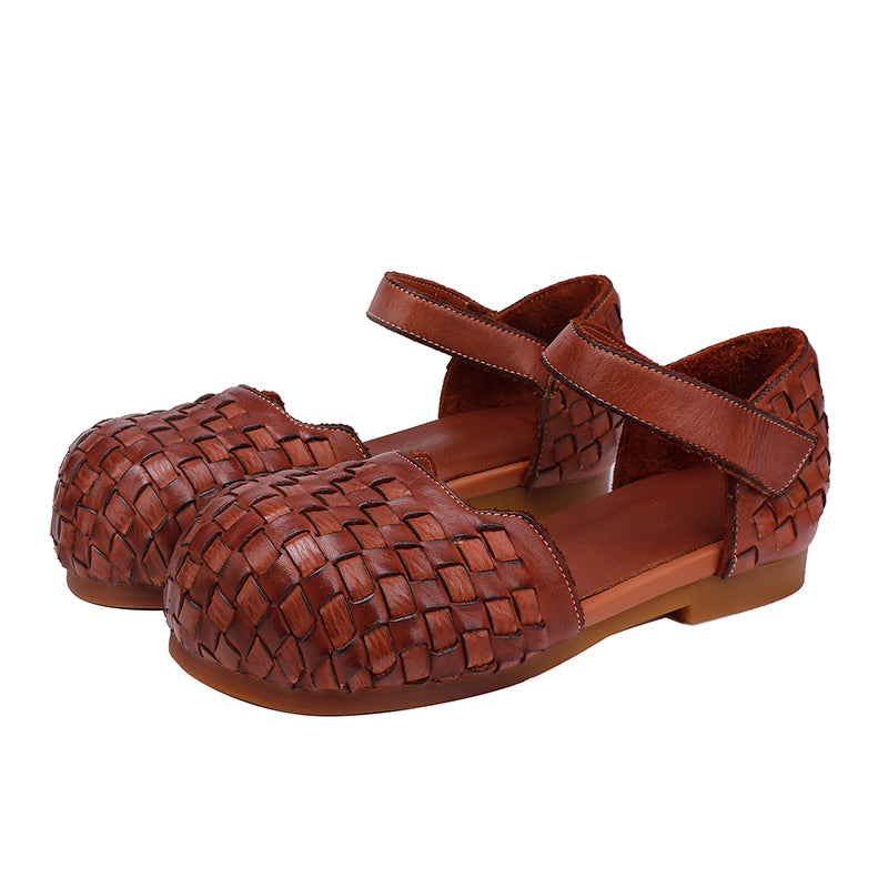 Handwoven Leather Closed Toe Flat Sandals Round Big Toe Mary Jane Shoes with Velcro Strap in Brown/Caramel