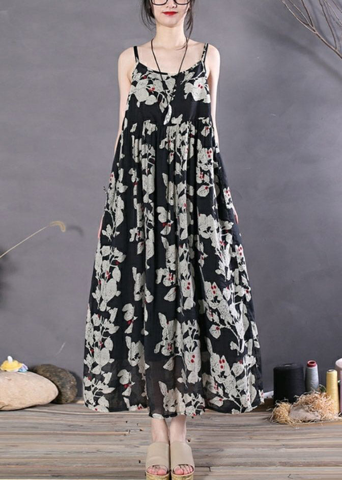 Chic Black Print Wrinkled Spaghetti Strap Long Dress Sleeveless