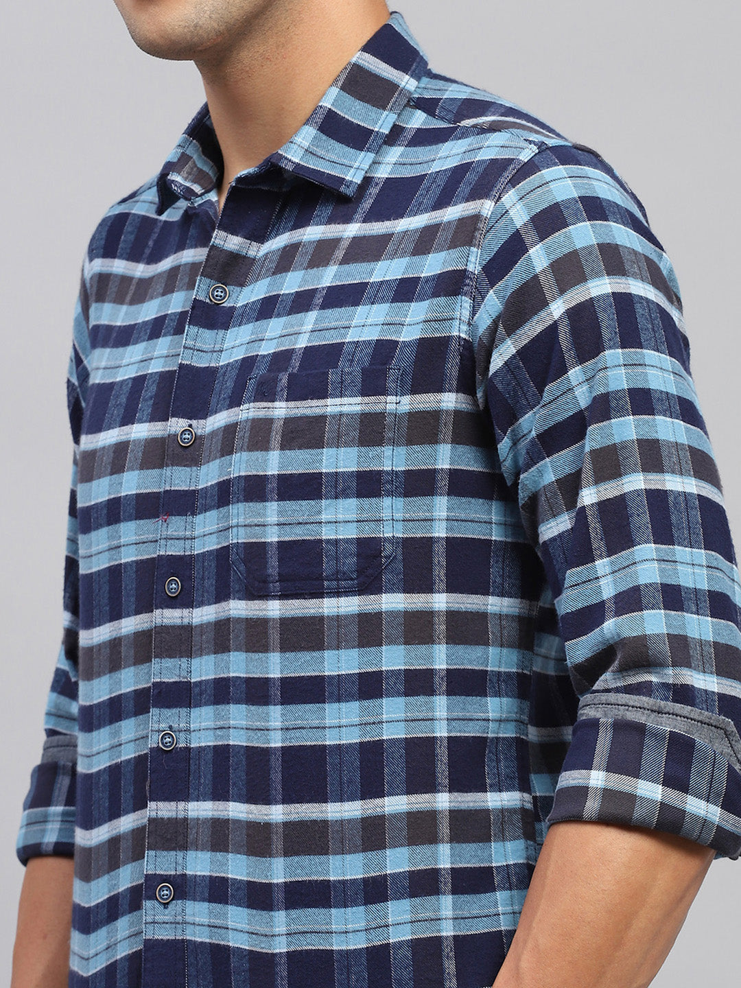 Men Blue Check Spread Collar Full Sleeve Shirt