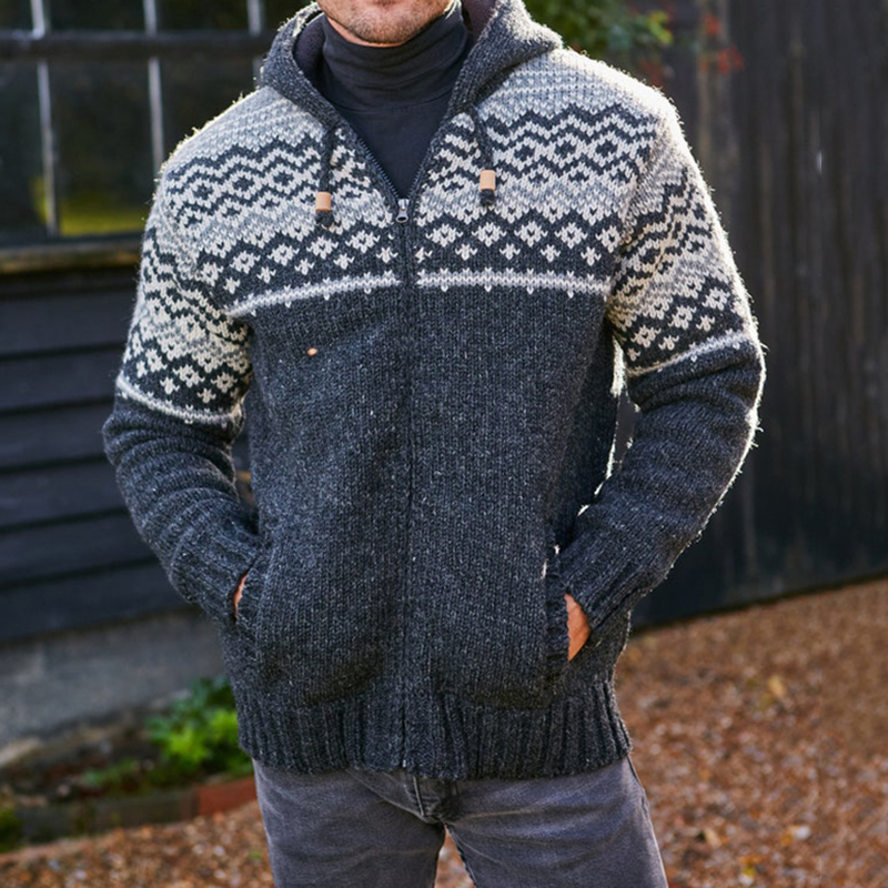 Mens Vintage Fair Isle Knitted Hooded Cardigan