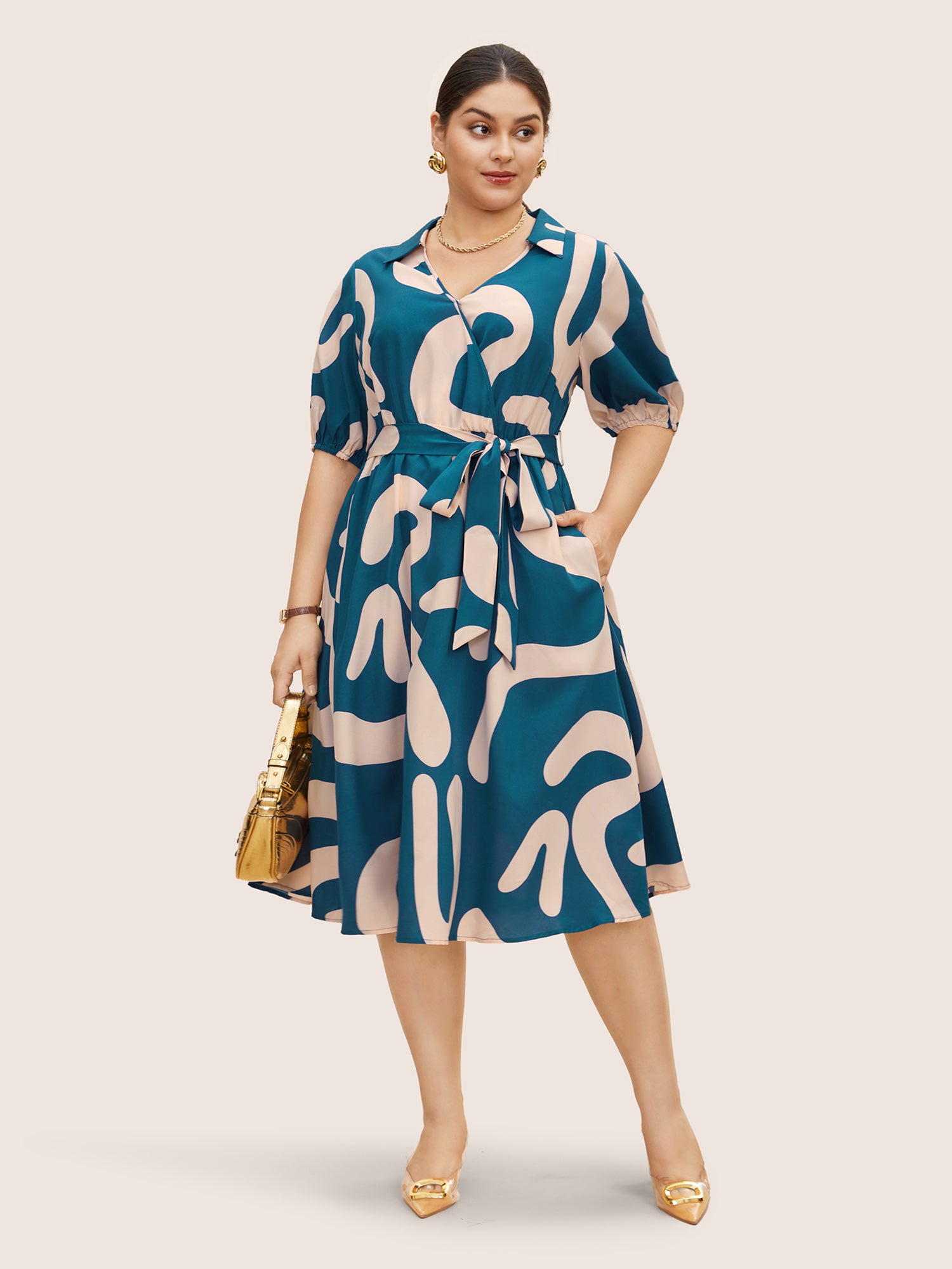 Shirt Collar Contrast Geometric Belted Midi Dress