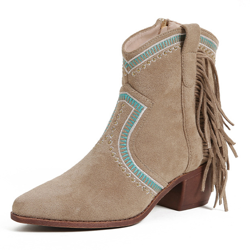 Contrast Binding Tassels Zipper Chunky Heels Western Boots