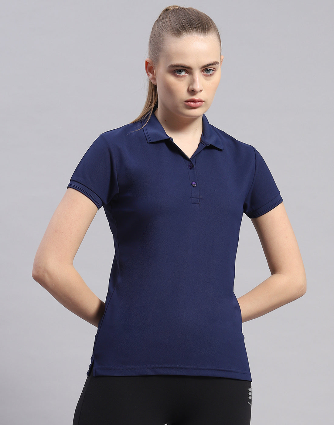 Women Navy Blue Solid Polo Collar Half Sleeve T-Shirt