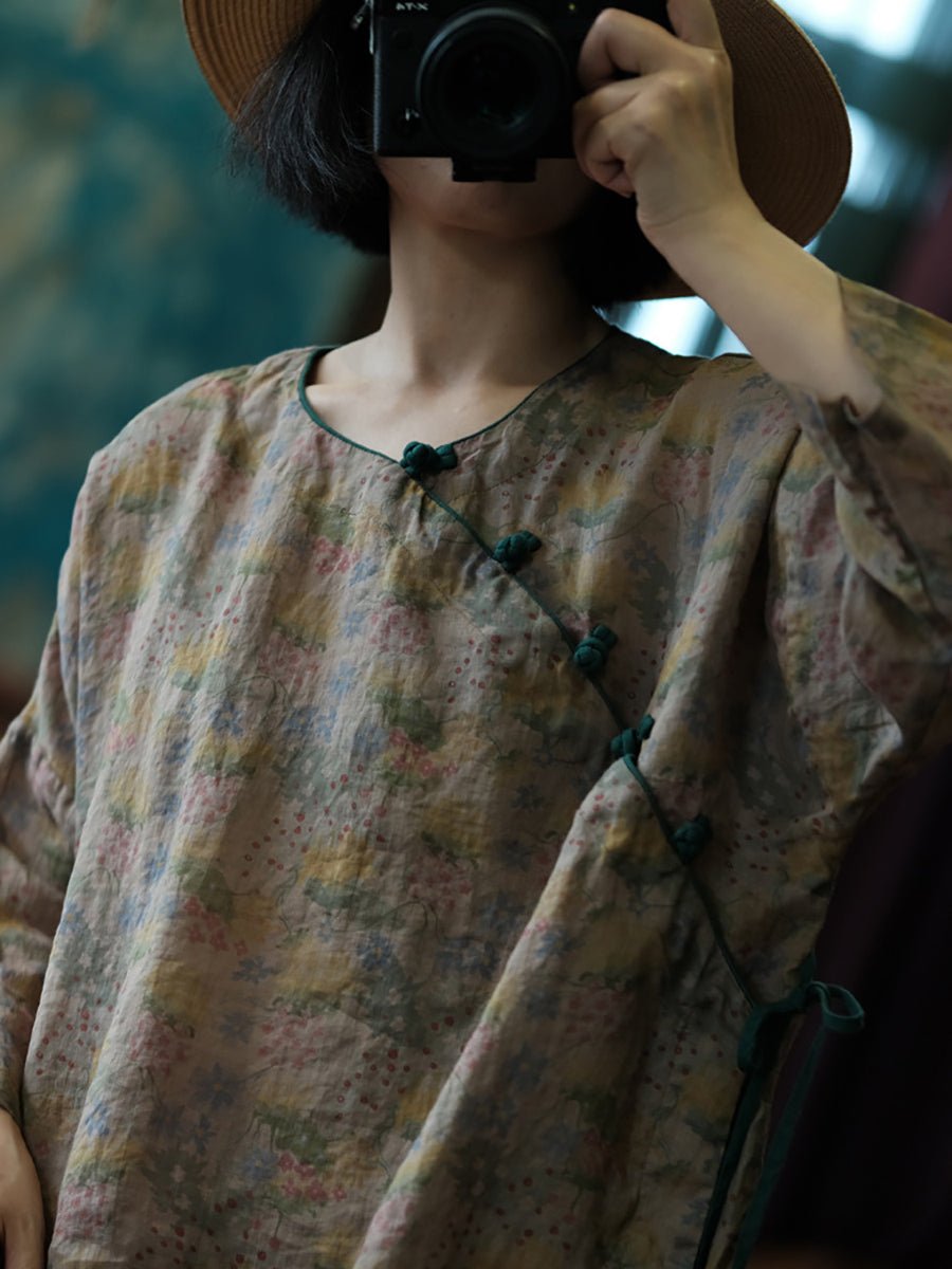 Women Summer Artsy V-Neck Floral Ramie Shirt