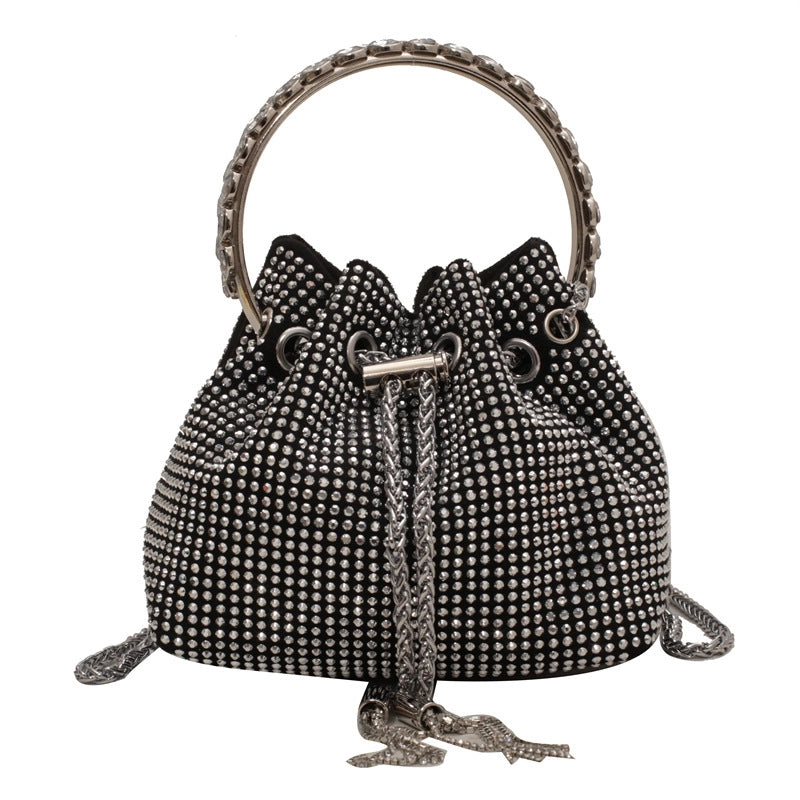 Women's Pu Leather Solid Color Fashion Rhinestone Tassel Bucket String Handbag Crossbody Bag