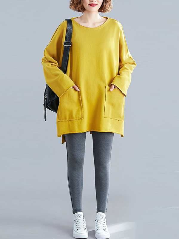 High-Low Long Sleeves Pockets Solid Color Split-Joint Split-Side Round-Neck Sweatshirt Tops