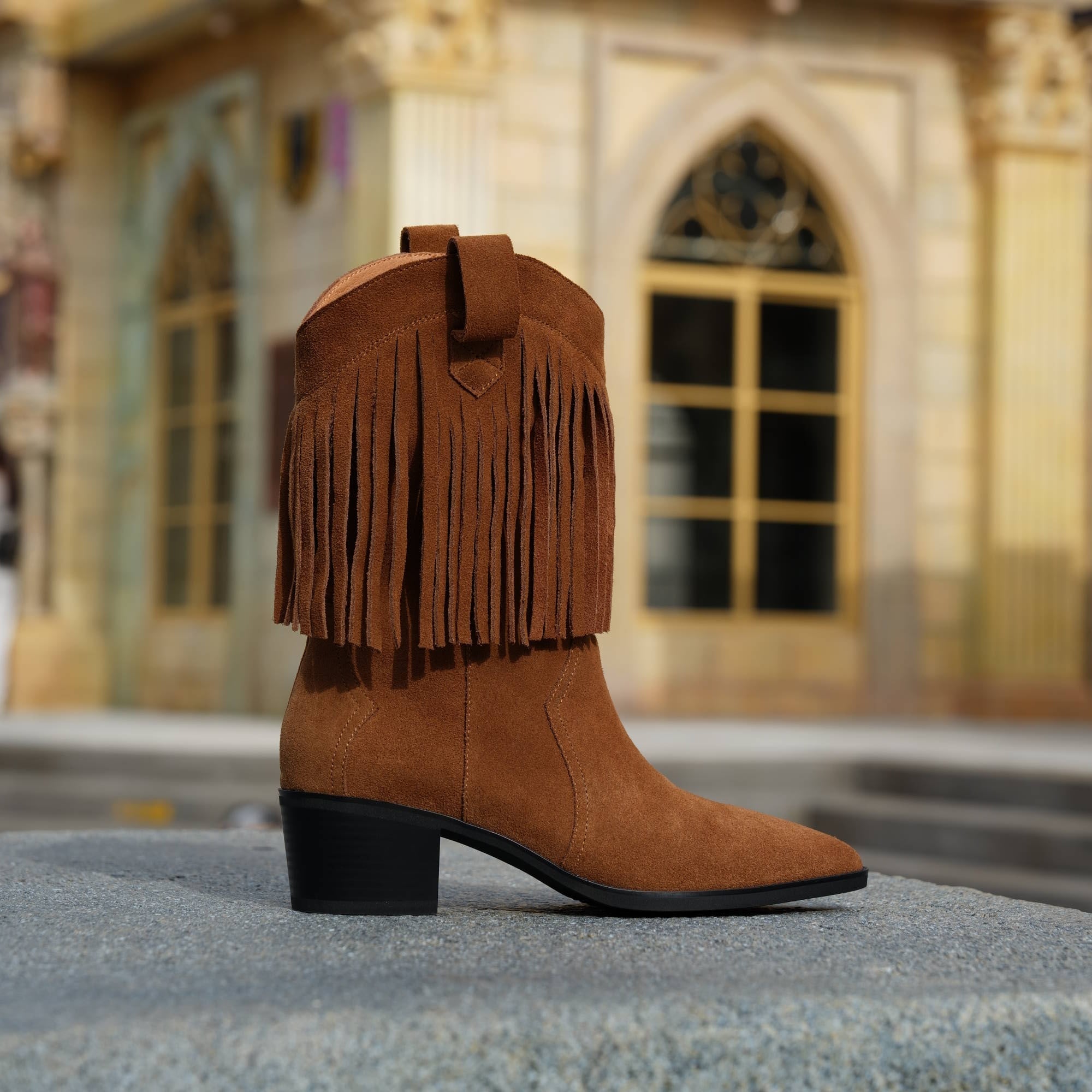 Western Point-Toe Cowgirl Boots With Tassels Handmade Suede Mid Calf Boots in Black/Brown