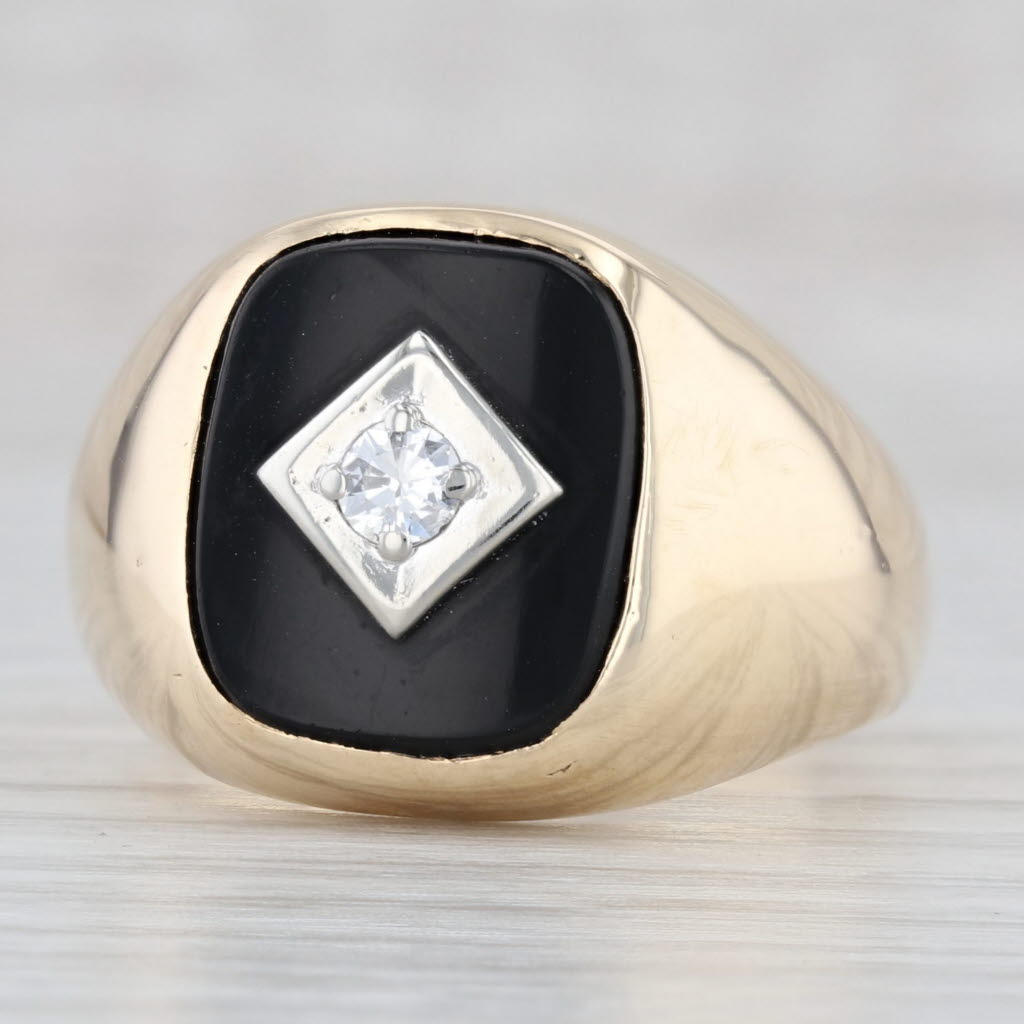 0.11ct Diamond Onyx Signet Ring 10k Yellow Gold Size 9.5