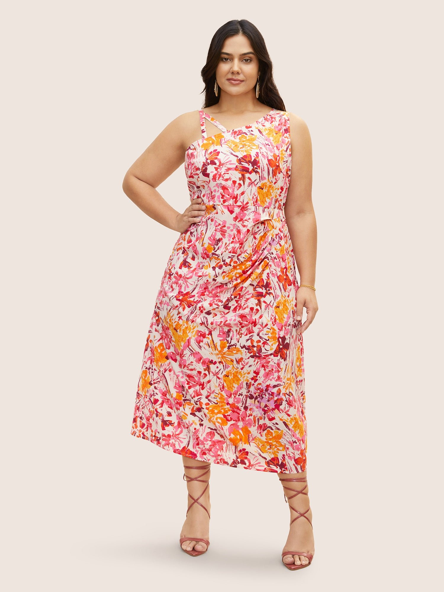 Asymmetrical Neck Watercolor Floral Pleated Dress