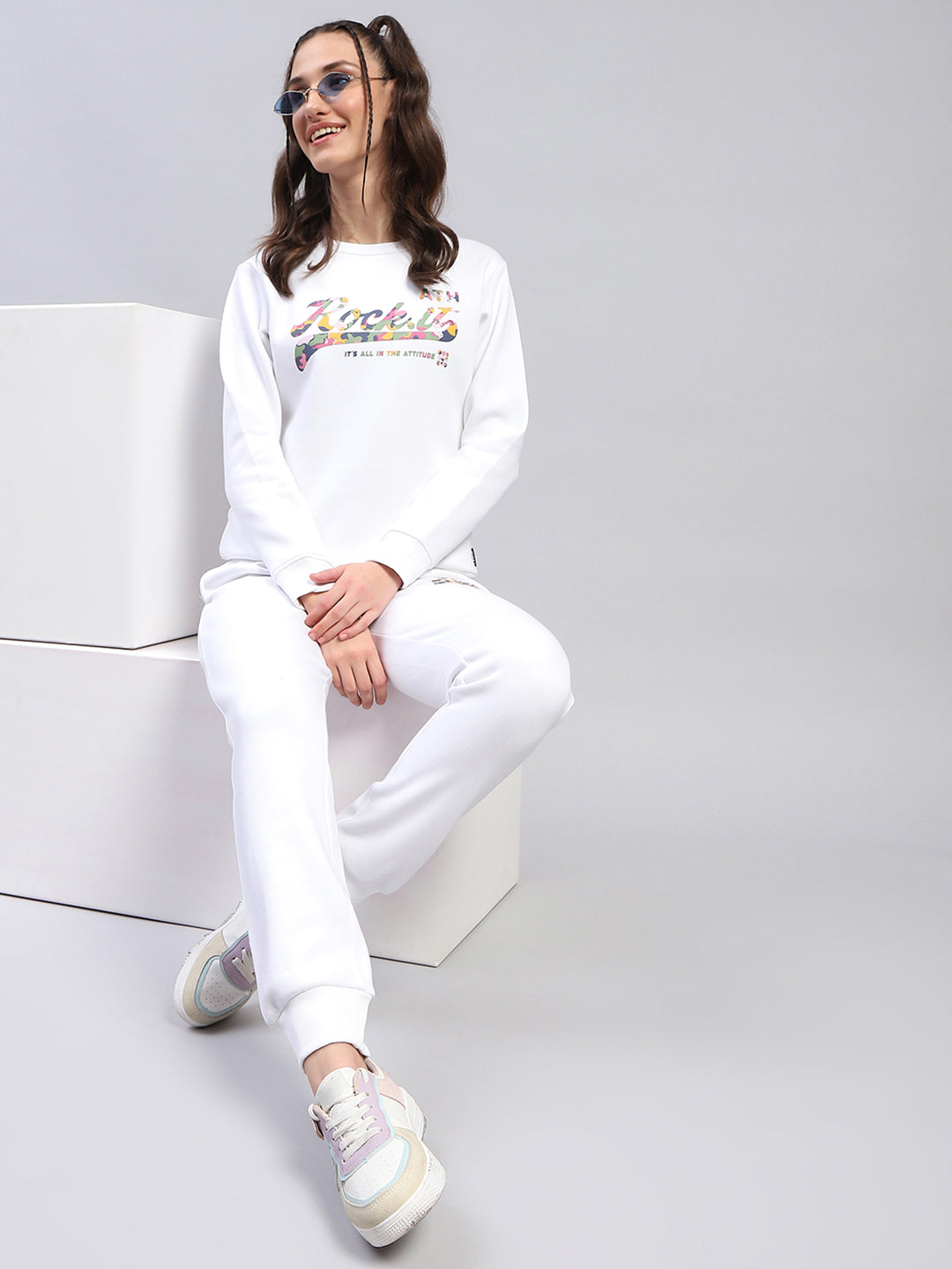 Women White Printed Round Neck Full Sleeve Tracksuit