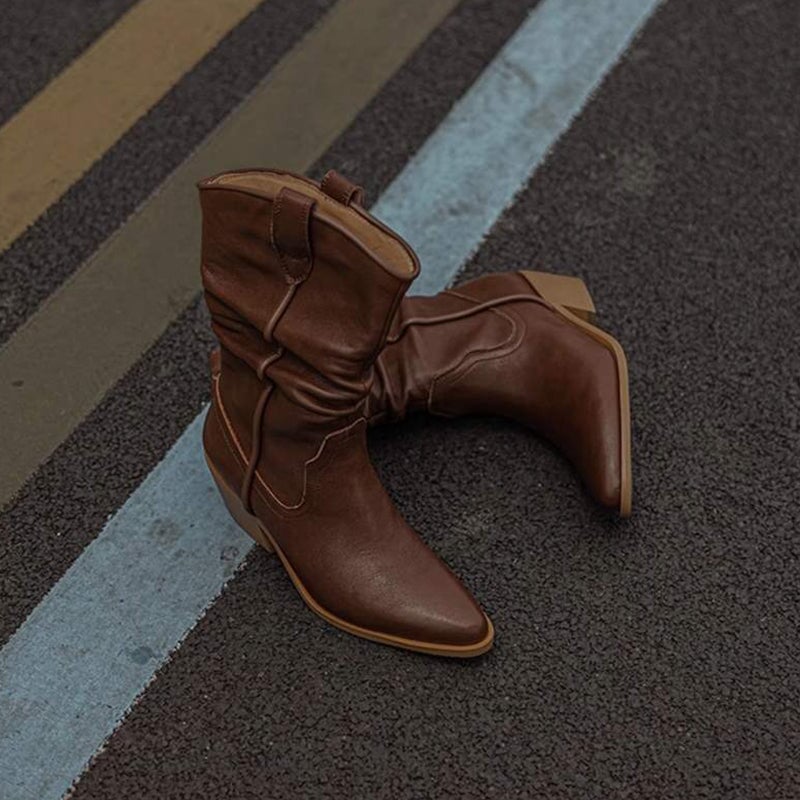 Suede Leather Mid Calf Boots Mid Heel Cowboy Boots Designer Retro Western Boots for Women