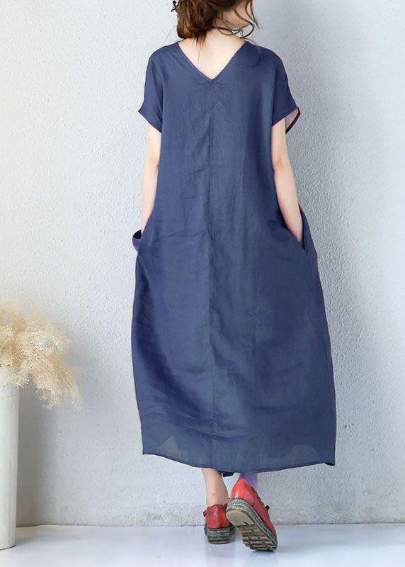 Simple linen clothes For Women Fitted Summer Women Elegant Loose Short Sleeve Navy Blue Dress