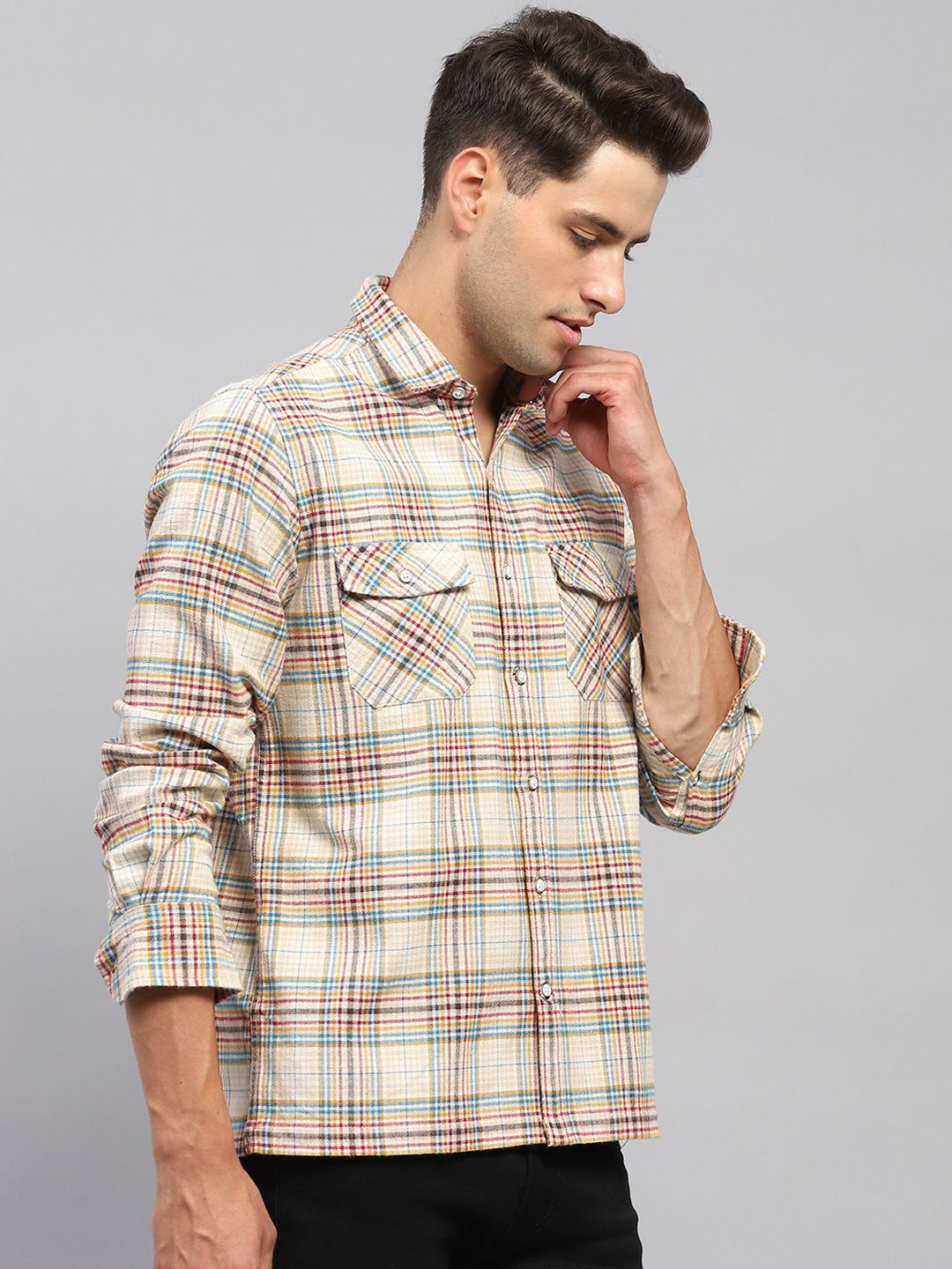 Men Beige Check Collar Full Sleeve Shirt