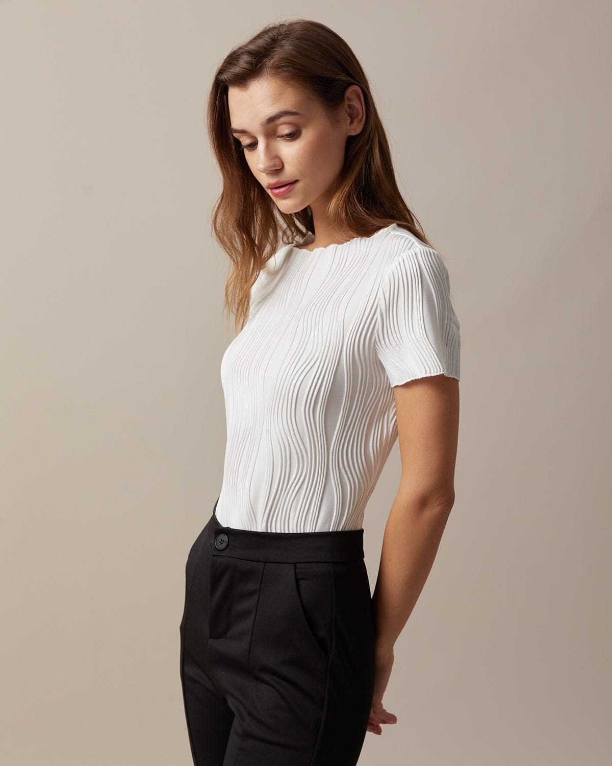 The Solid Boat Neck Water Ripple Textured Tee
