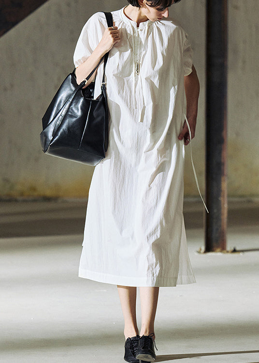 Handmade White O-Neck Cinched Loose Cotton Long Dresses Summer