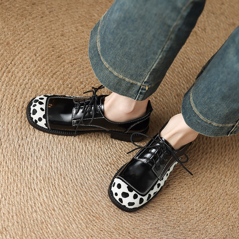 Unique Dalmatian Print Patchwork Handmade Leather Lace-Up Oxford Shoes in Black