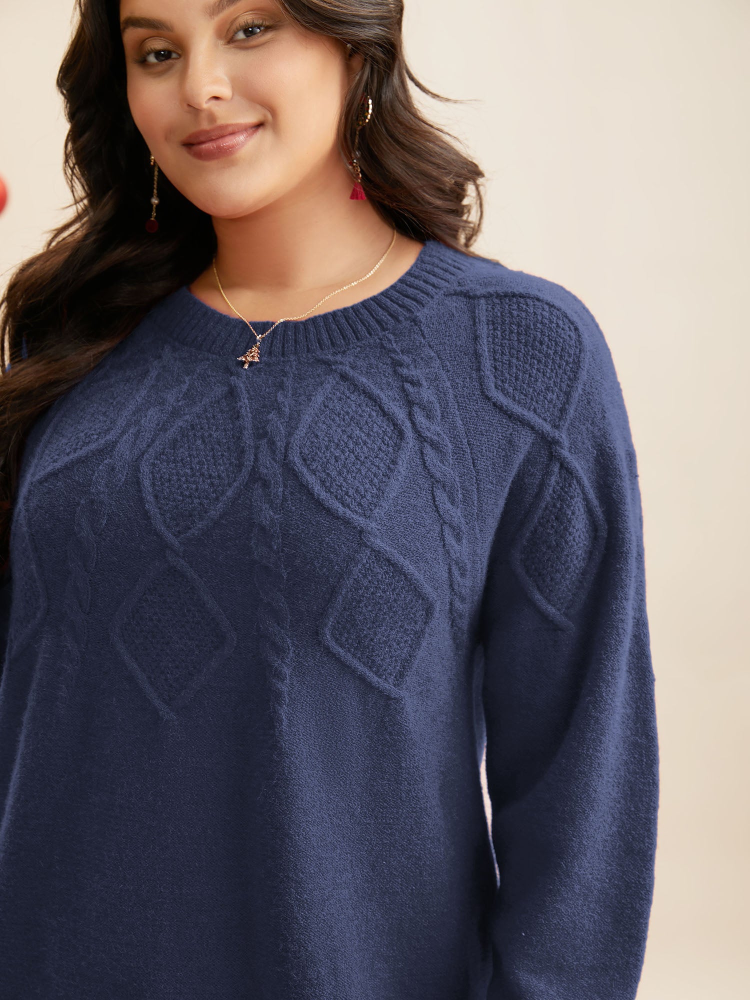 Cable Knit Bodice Crew-Neck Pullover