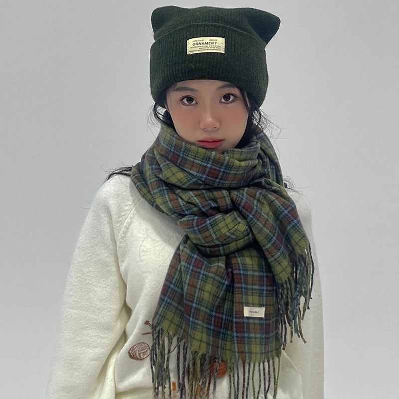 Vintage Green Plaid Scarf Women's Autumn And Winter High-end Personality Warm Shawl Scarf  New