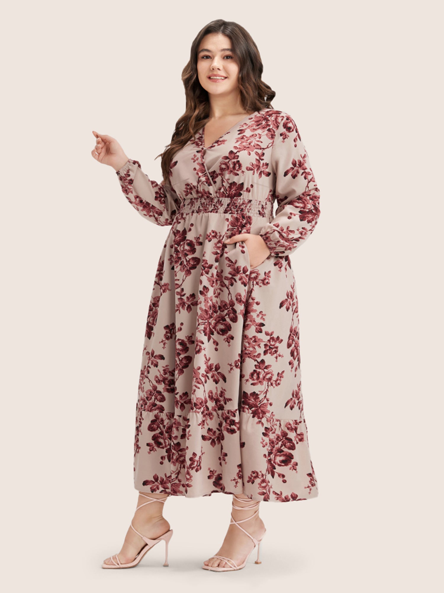 Floral Wrap Lantern Sleeve Pocket Shirred Ruffle Hem Dress