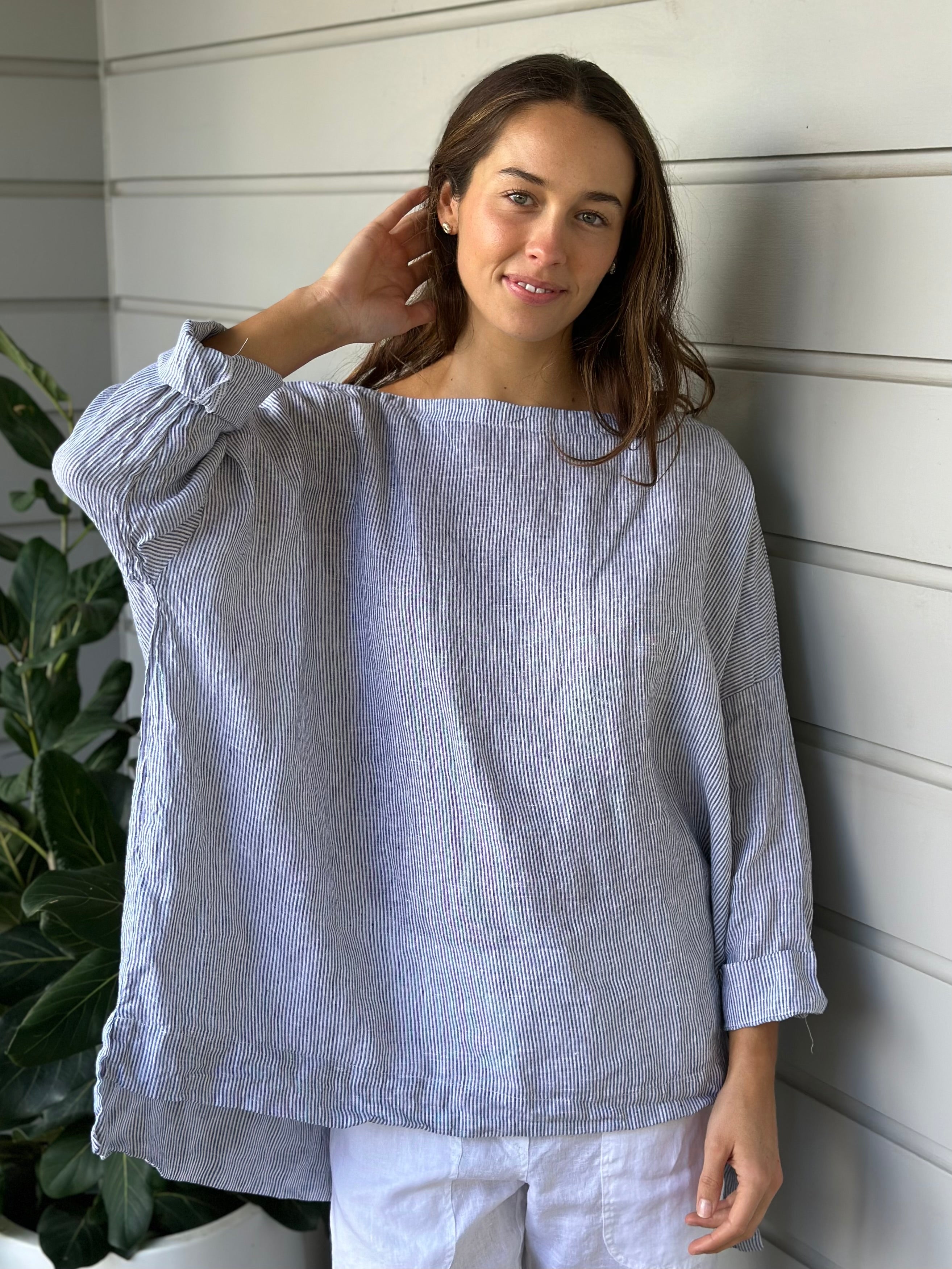 avril top - fine grey stripe linen