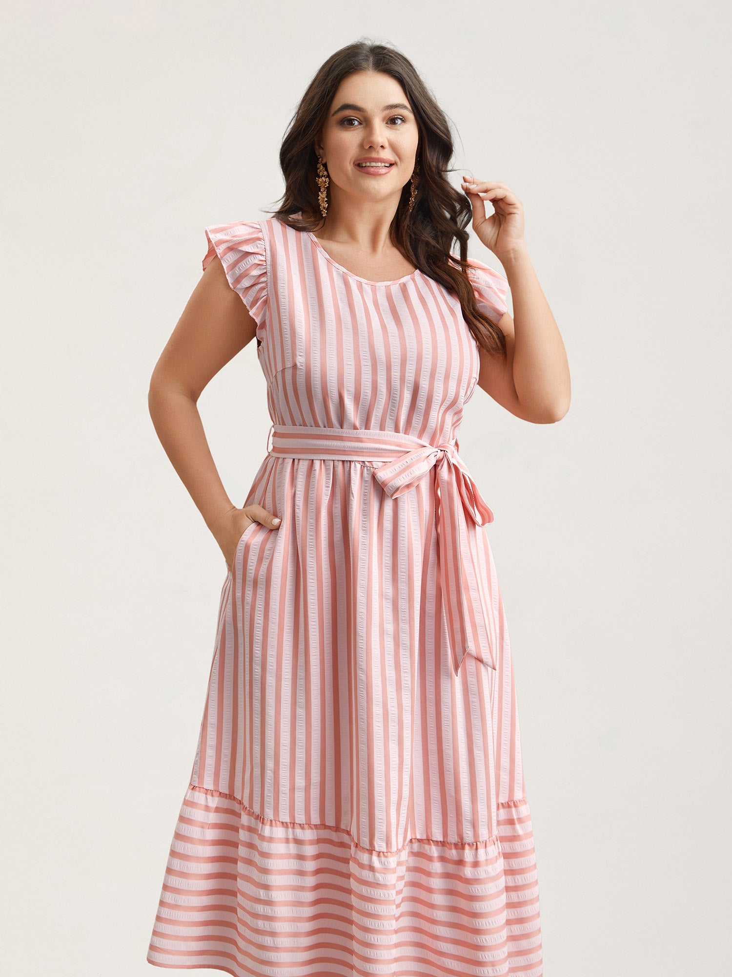 Pastel Stripes Belted Pockets Midi Dress