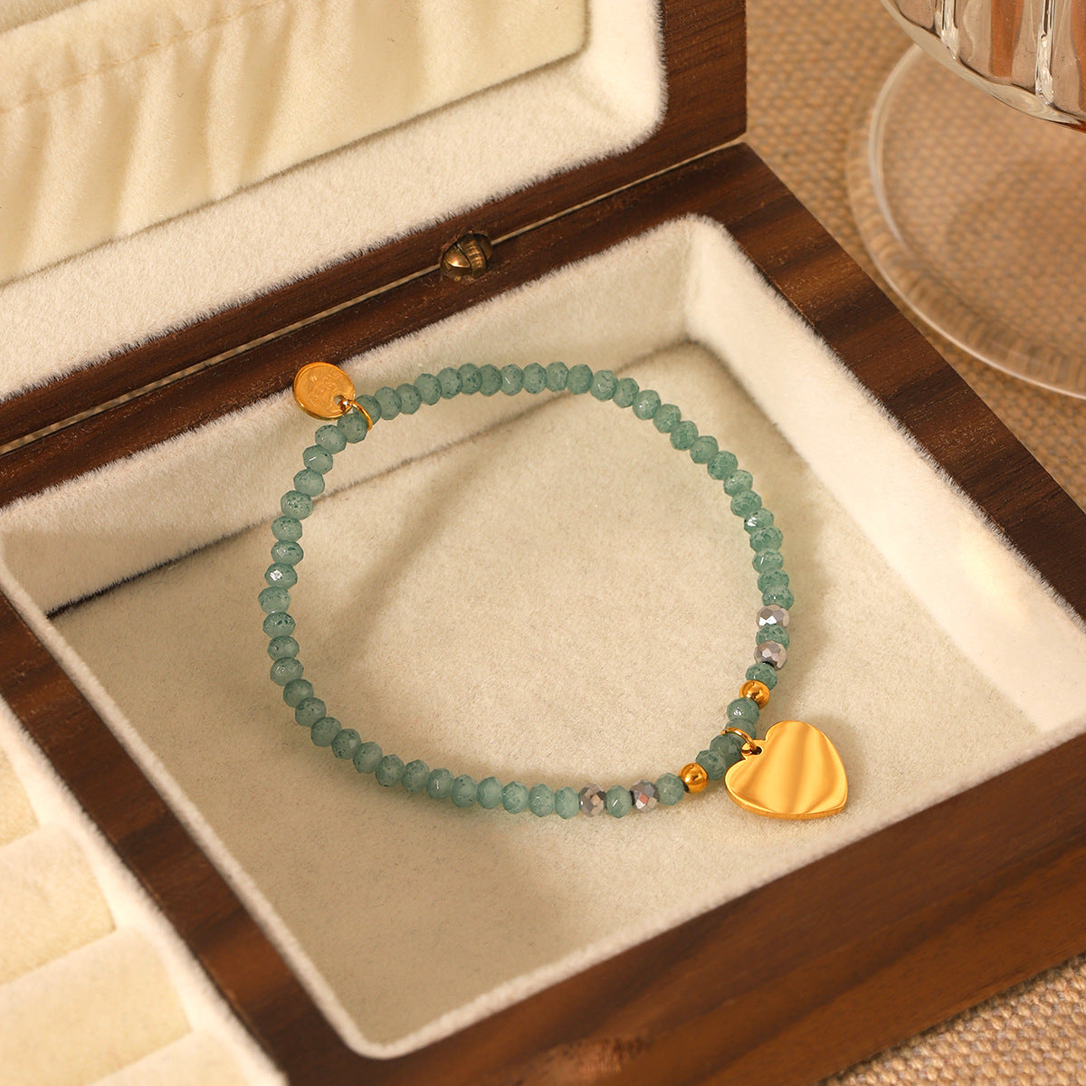 Retro Green Natural Stone Beaded Bracelet Stainless Steel Love Pendant Hand Jewelry Titanium Steel