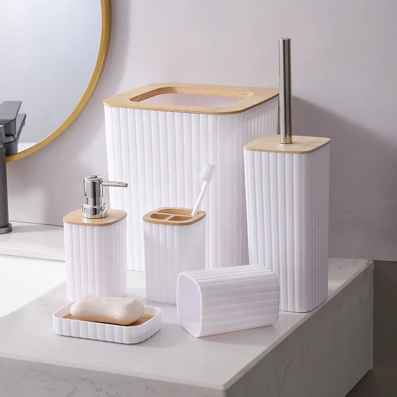 Eco-friendly  Bamboo Plastic Bathroom Sets Luxury vanity Household Items Modern Washroom Toilet Bathroom Accessories Set