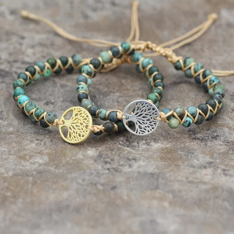 4mm Natural Stone Bracelet for Women African Turquoise Gemstone Bracelet Handwoven Tree of Life Crystal Bracelet