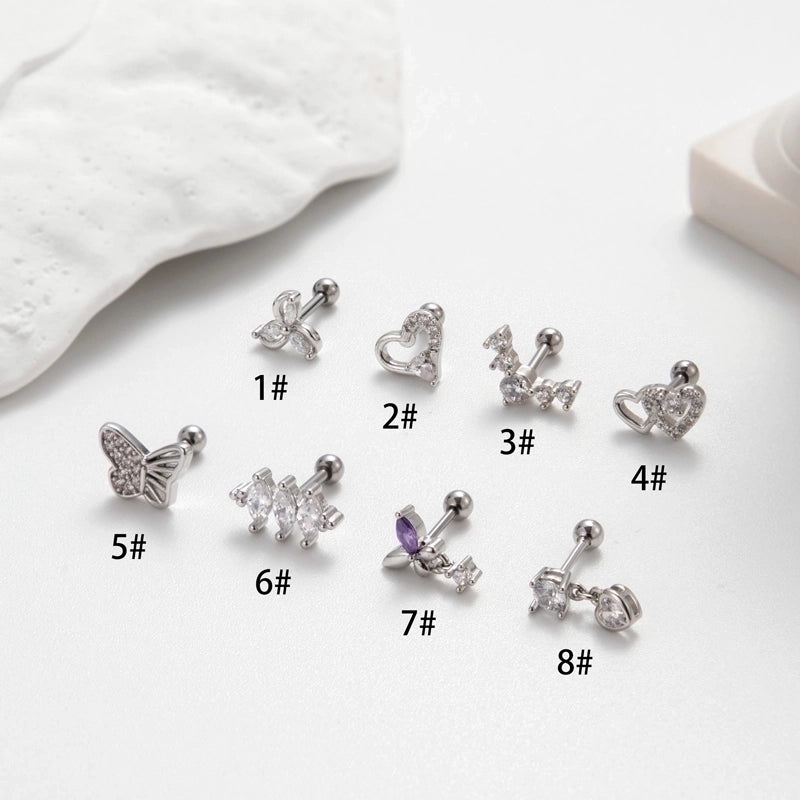 1 Piece Ear Cartilage Rings & Studs Korean Style Heart Shape Butterfly Copper Plating Inlay Zircon
