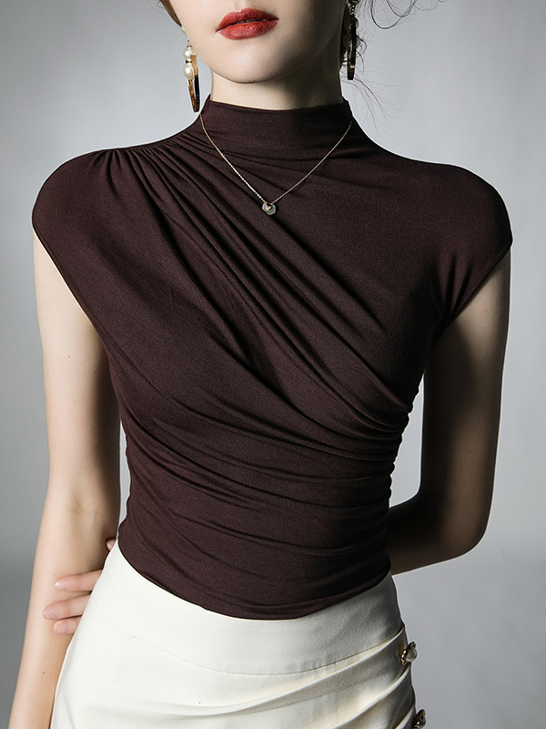Skinny Pleated Solid Color Mock Neck T-Shirts Tops