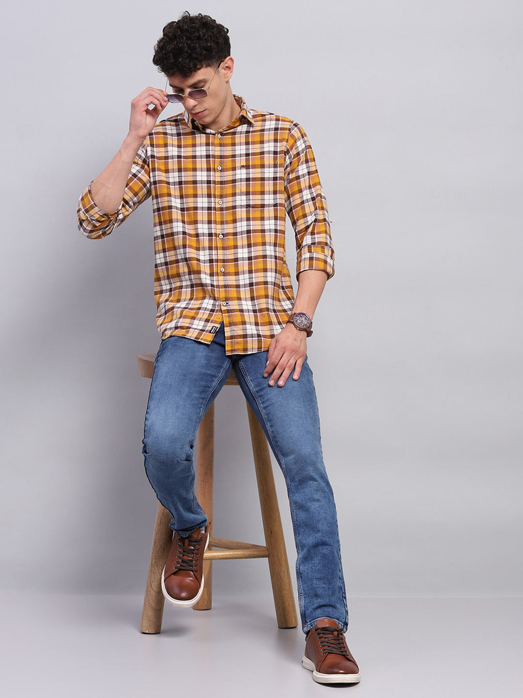 Men Yellow Check Collar Full Sleeve Shirt