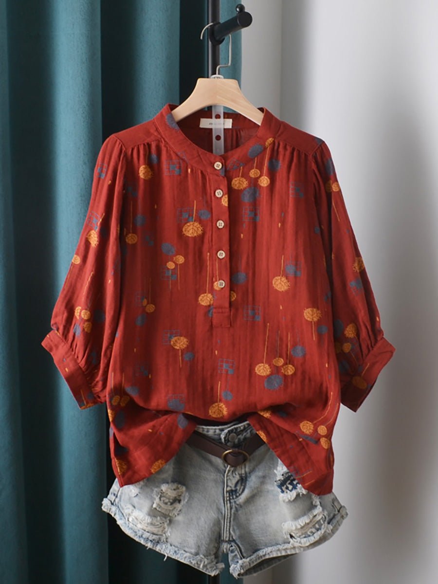 Women Summer Casual Print Stand Collar Cotton Shirt