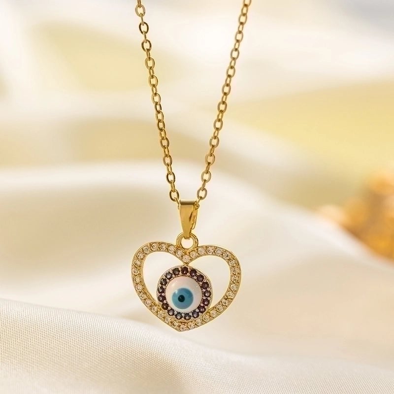 304 Stainless Steel 18K Gold Plated Vintage Style Minimalist Inlaid Zircon Eye Artificial Rhinestones Resin Pendant Necklace