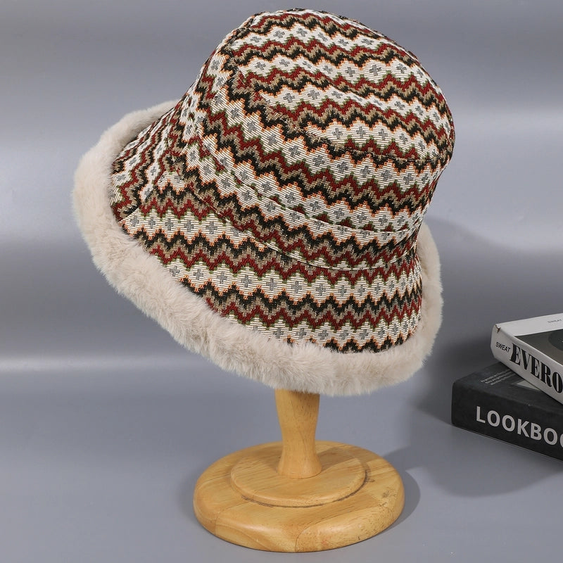 Women's Casual Vacation Ethnic Style Color Block Plush Wide Eaves Bucket Hat