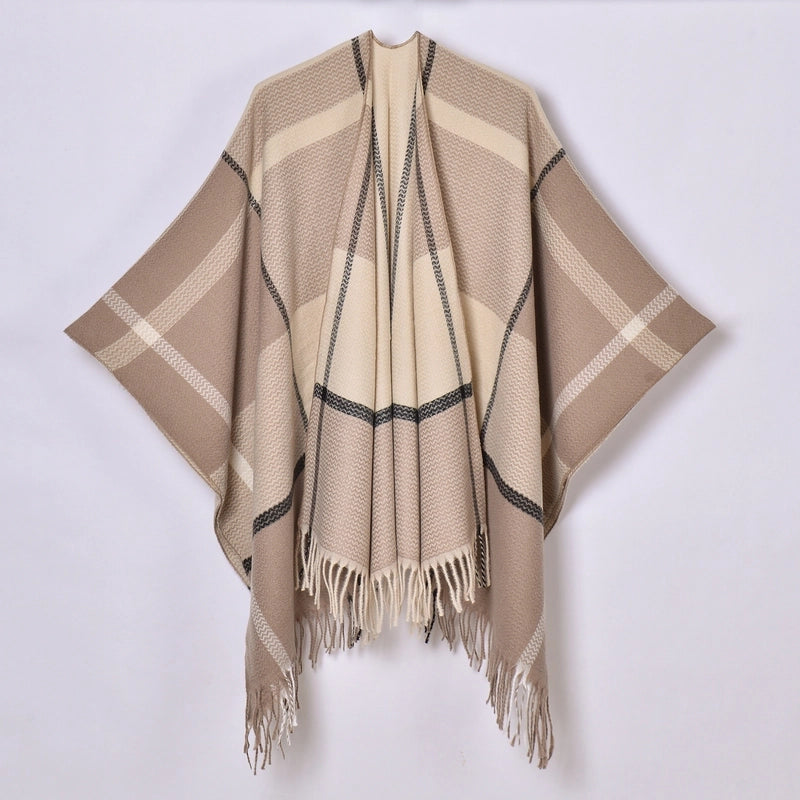 New Tassel Split Shawl Autumn And Winter Women's Simple Plaid Jacquard Scarf Cloak Hot Selling