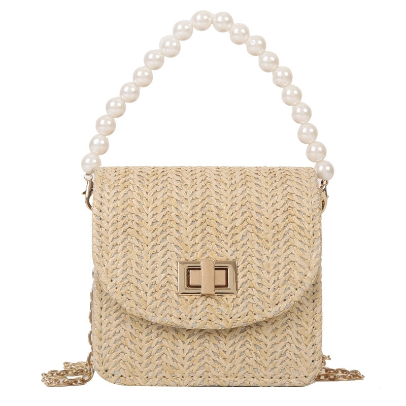 Women's Mini Straw Solid Color Elegant Pearls Lock Clasp Straw Bag