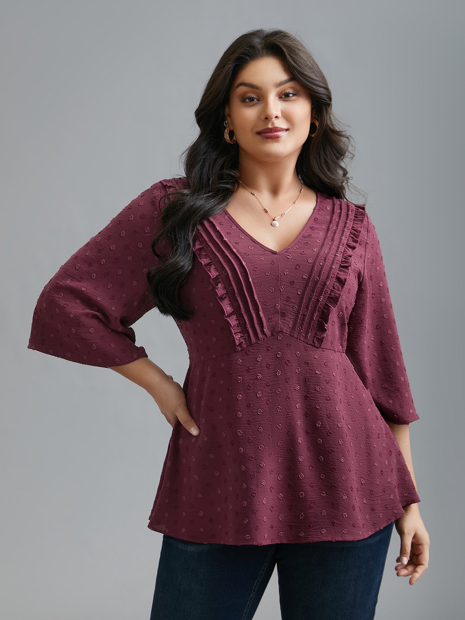 Ruffled Pleated Stretchy Waist Flowy Blouse