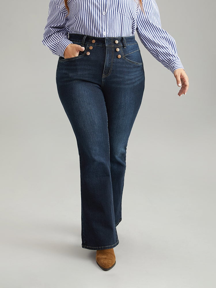 Flare Leg Button Detail High Rise Jeans