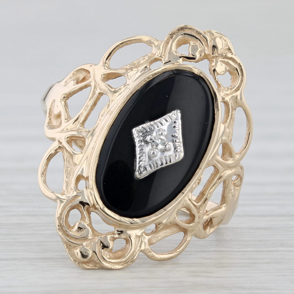 Vintage Onyx Diamond Signet Ring 10k Yellow Gold Size 7.25 Ornate Openwork