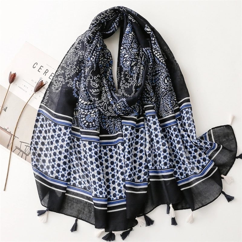 Yarn Cotton Fruit Green Bright Yellow Leaf Printing Tassel Scarf Shawl