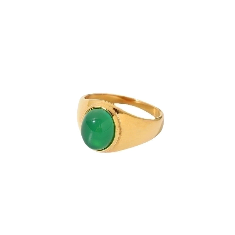 Retro Oval Stainless Steel Plating Inlay Agate 18k Gold Plated Rings