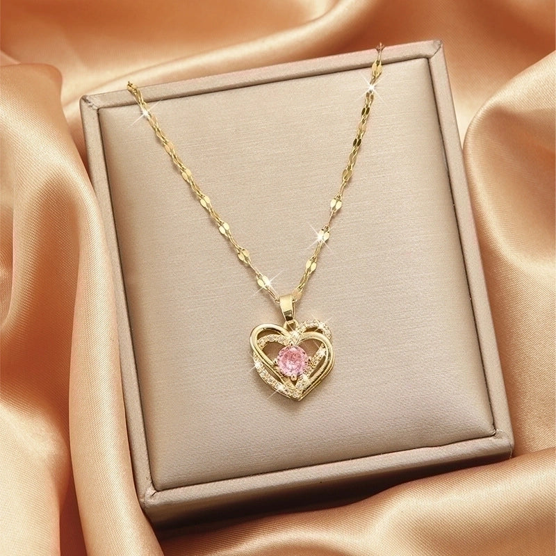 3 Pieces Lady Heart Shape Flower Titanium Steel Plating Inlay Zircon Gold Plated Pendant Necklace